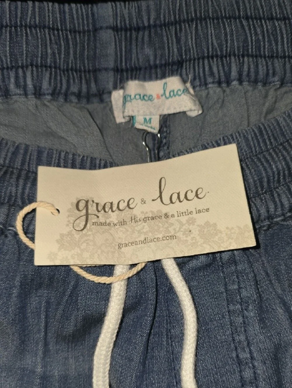 Grace & Lace Chambray Drawstring Shorts - Blue with White Tie